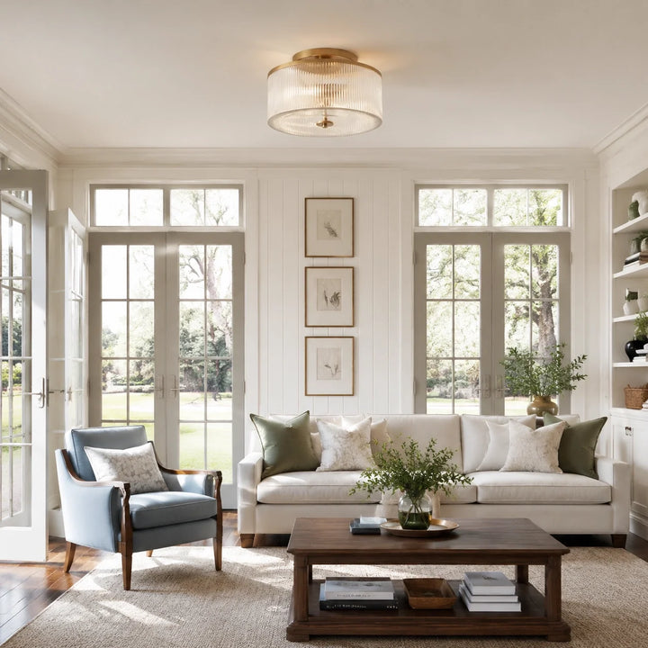 Vireo Farmhouse Drum-Shaped Ribbed Glass Ceiling Light