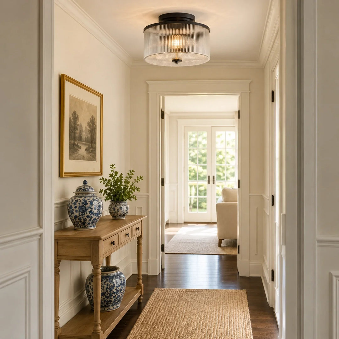 Vireo Farmhouse Drum-Shaped Ribbed Glass Ceiling Light