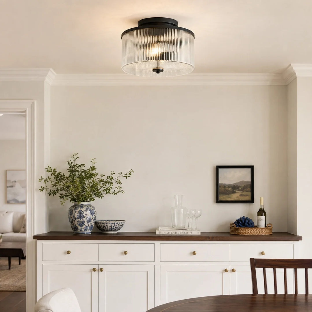Vireo Farmhouse Drum-Shaped Ribbed Glass Ceiling Light