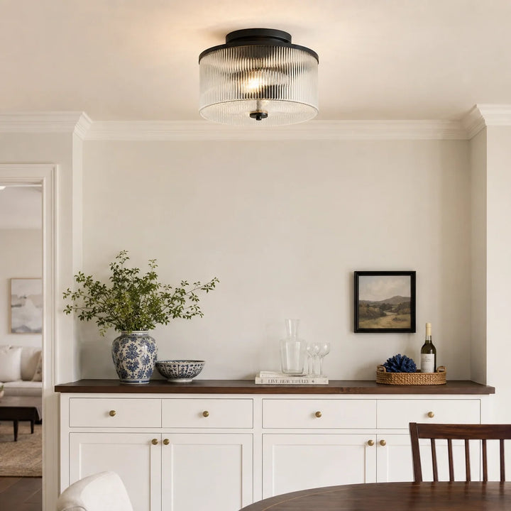 Vireo Farmhouse Drum-Shaped Ribbed Glass Ceiling Light