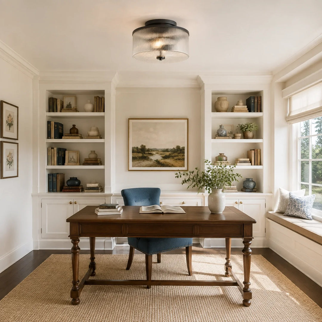 Vireo Farmhouse Drum-Shaped Ribbed Glass Ceiling Light