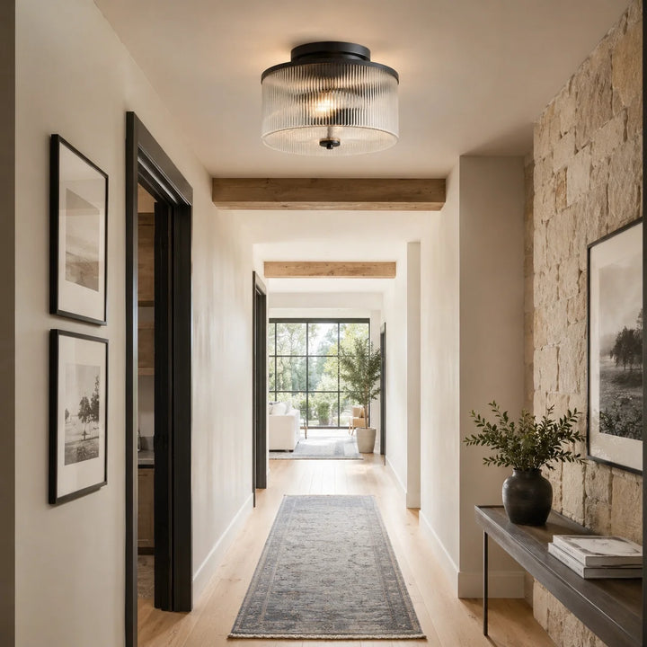 Vireo Farmhouse Drum-Shaped Ribbed Glass Ceiling Light