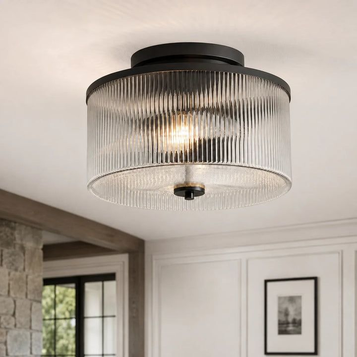 Vireo Farmhouse Drum-Shaped Ribbed Glass Ceiling Light