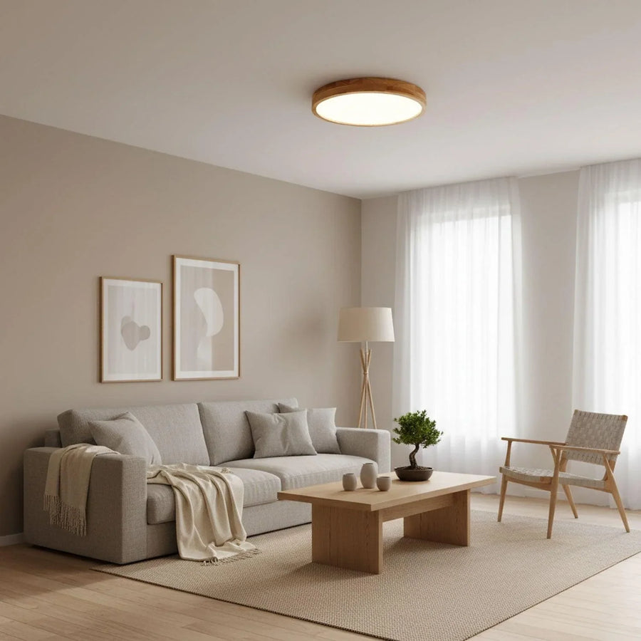 Minimalist Wood Flush Mount Ceiling Light With Round Shade, view 2
