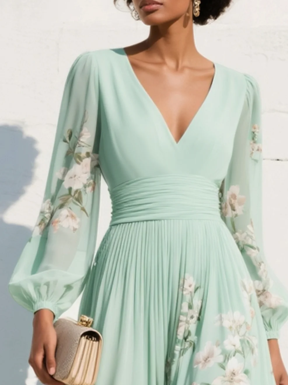 Women's V-Neck Floral Midi Summer Dress in Light Green – image 4
