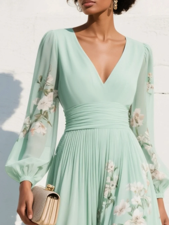 Women's V-Neck Floral Midi Summer Dress in Light Green – image 4