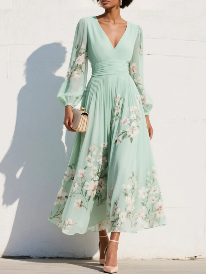 Women's V-Neck Floral Midi Summer Dress in Light Green – image 1