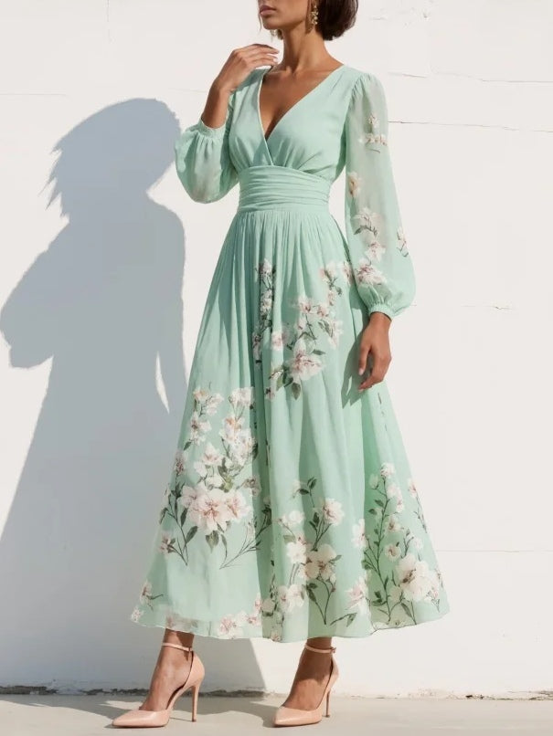 Women's V-Neck Floral Midi Summer Dress in Light Green – image 2