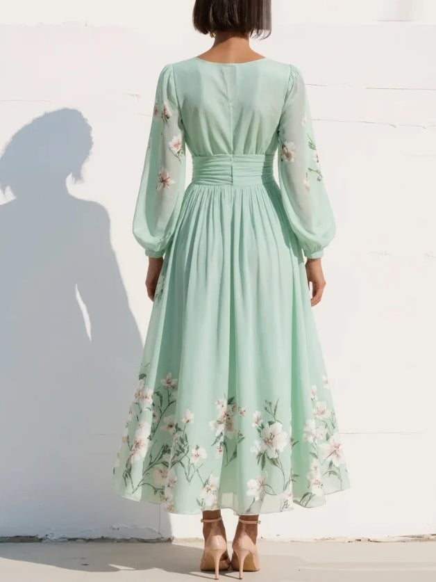 Women's V-Neck Floral Midi Summer Dress in Light Green – image 3