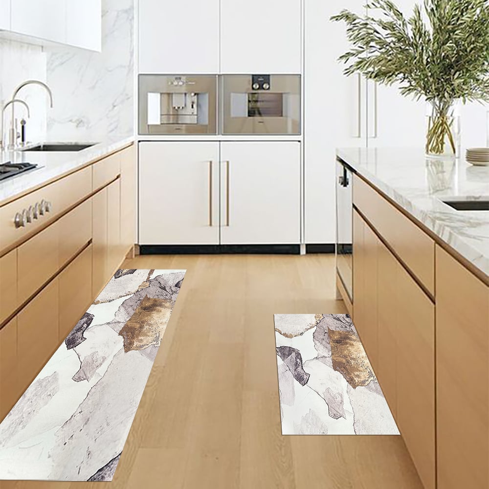 Gold Abstract Non-Slip Kitchen Runner Mats, Set of 2