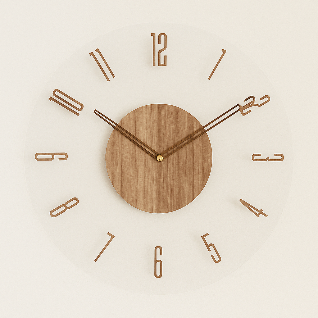 Frosted acrylic and wood silent wall clock