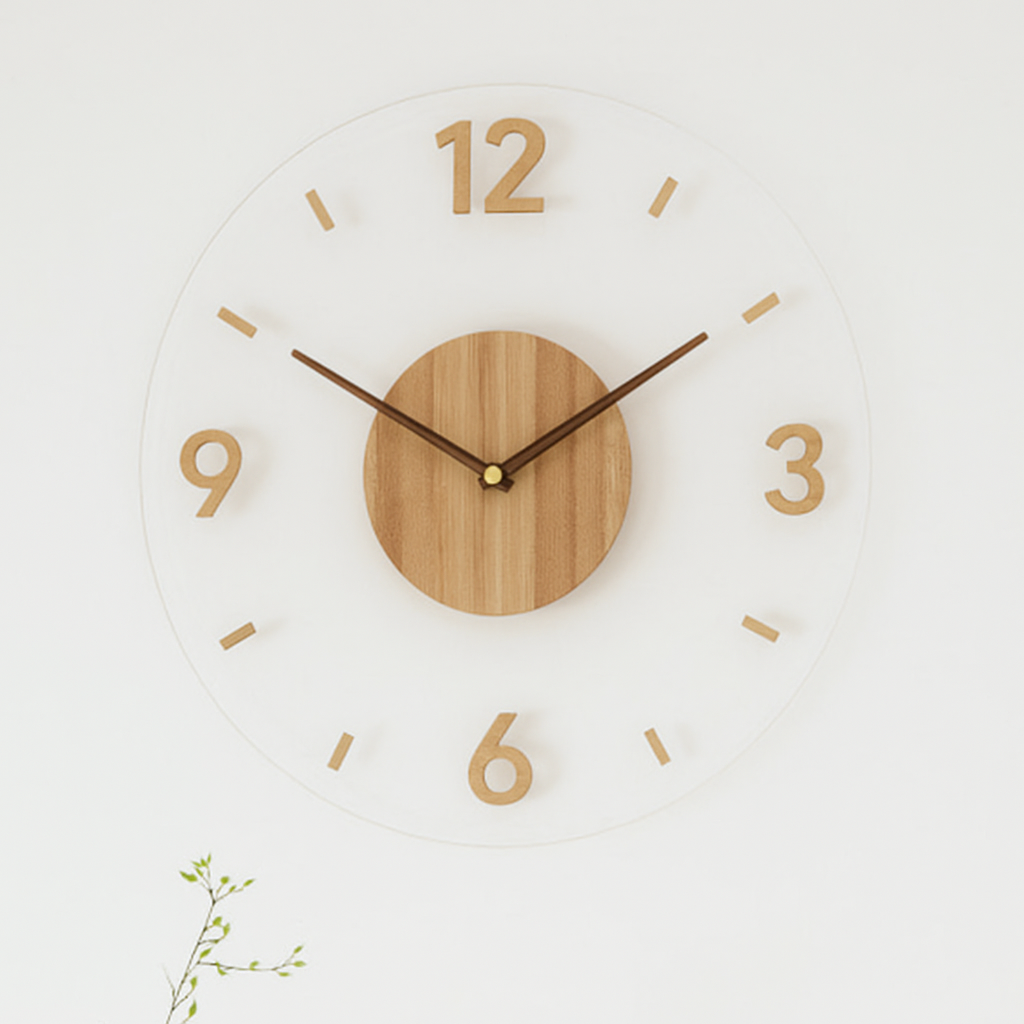 Frosted acrylic and wood silent wall clock