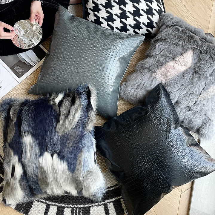 Faux Fur and Velvet Cushion Cover in Blue and Grey