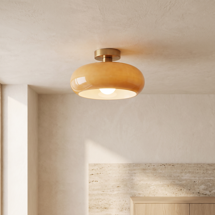 Vintage Amber Glass Flush Mount Ceiling Light With Brass Canopy