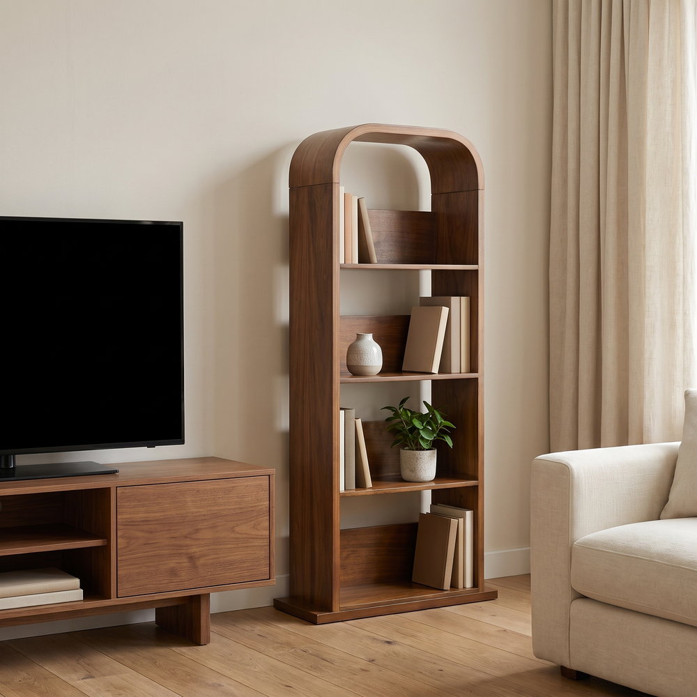 Arched walnut media shelf for CDs and DVDs