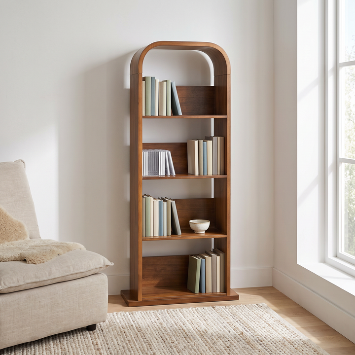 Arched walnut media shelf for CDs and DVDs