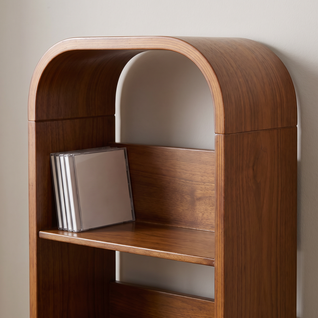Arched walnut media shelf for CDs and DVDs
