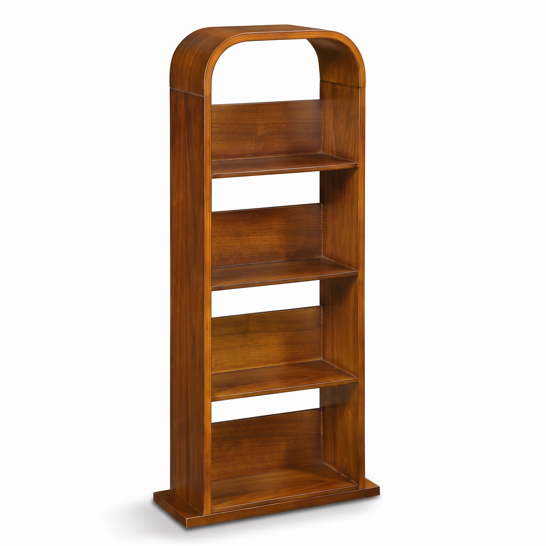 Arched walnut media shelf for CDs and DVDs