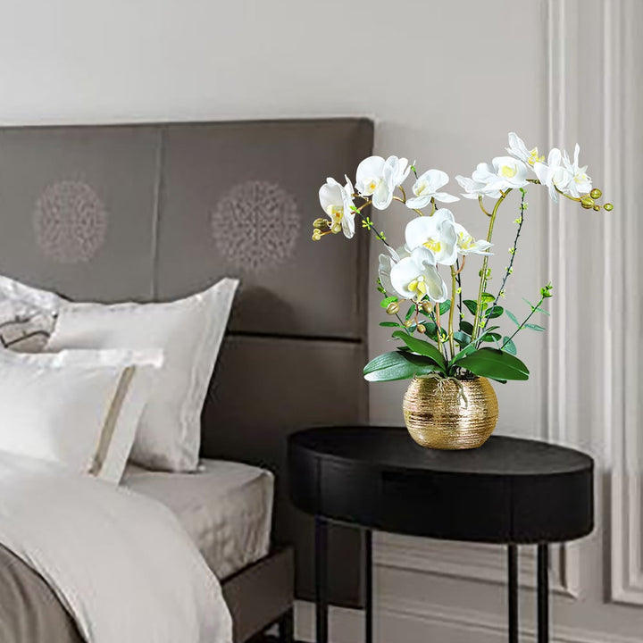 Artificial White Orchids in Gold Ceramic Pots