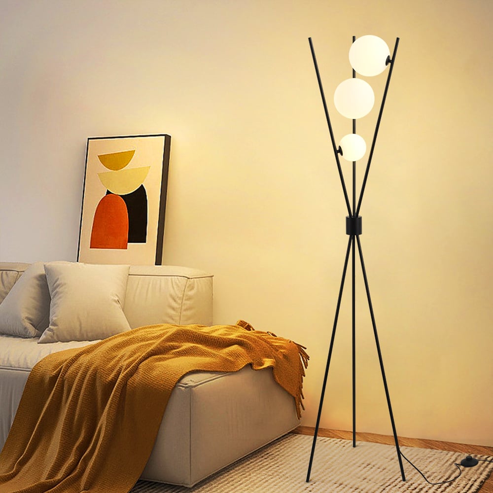 Black Tripod Floor Lamp with Three Glass Shades