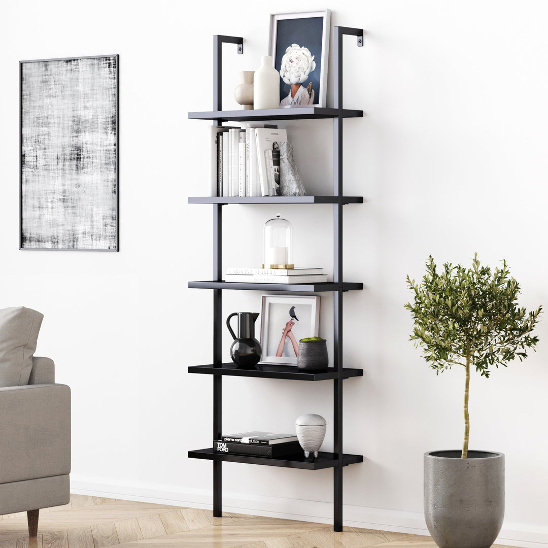Black 5-Shelf Ladder Bookshelf