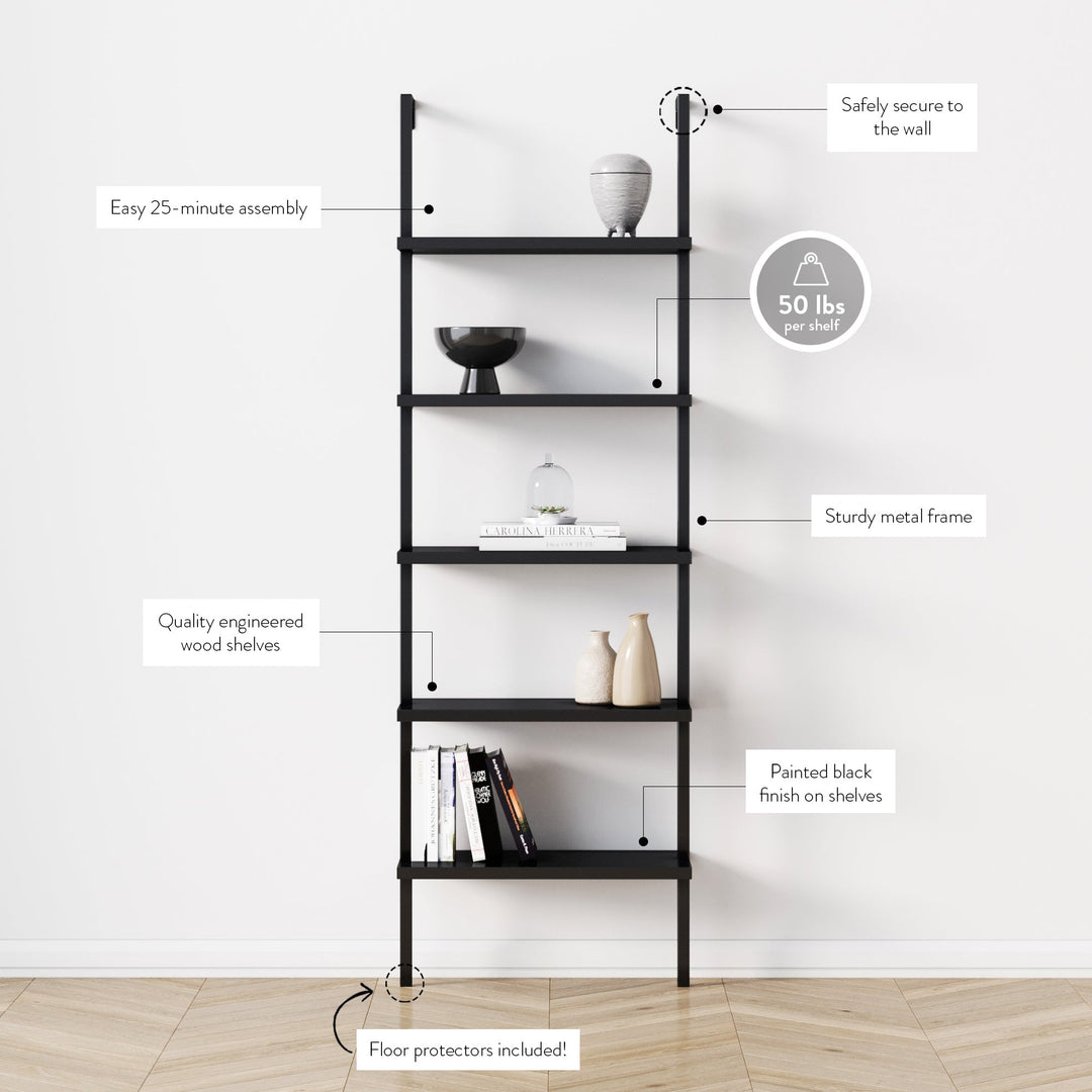 Black 5-Shelf Ladder Bookshelf