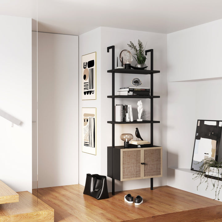 Black Ladder Bookshelf with Rattan-Effect Doors