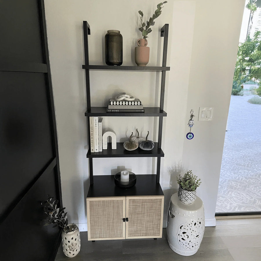 Black Ladder Bookshelf with Rattan-Effect Doors