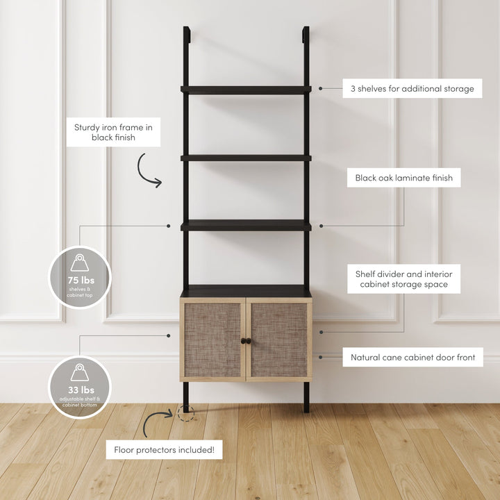 Black Ladder Bookshelf with Rattan-Effect Doors