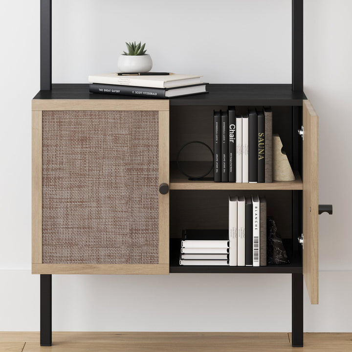 Black Ladder Bookshelf with Rattan-Effect Doors