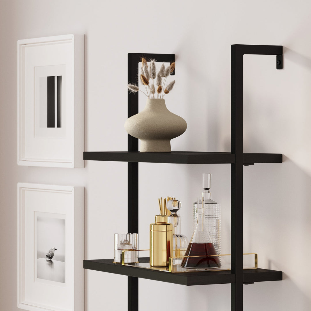 Black Ladder Bookshelf with Rattan-Effect Doors