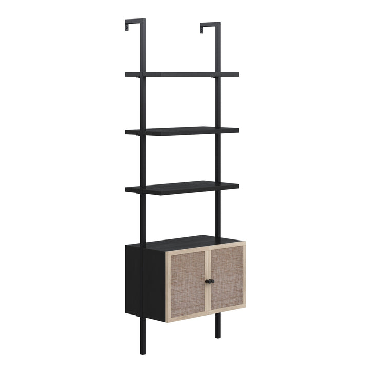 Black Ladder Bookshelf with Rattan-Effect Doors