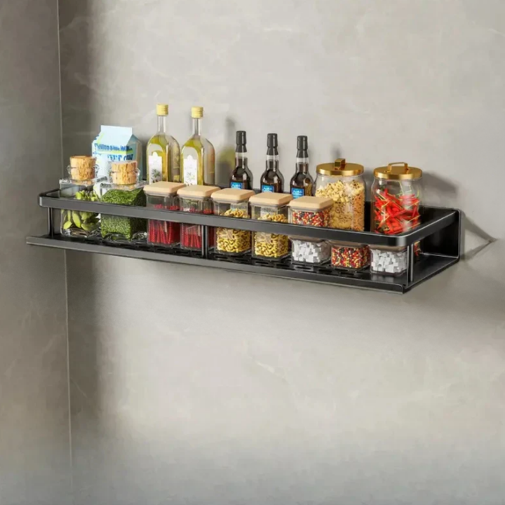 Black metal wall spice rack with towel bar