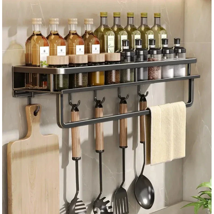 Black metal wall spice rack with towel bar