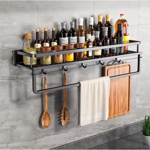 Black metal wall spice rack with towel bar