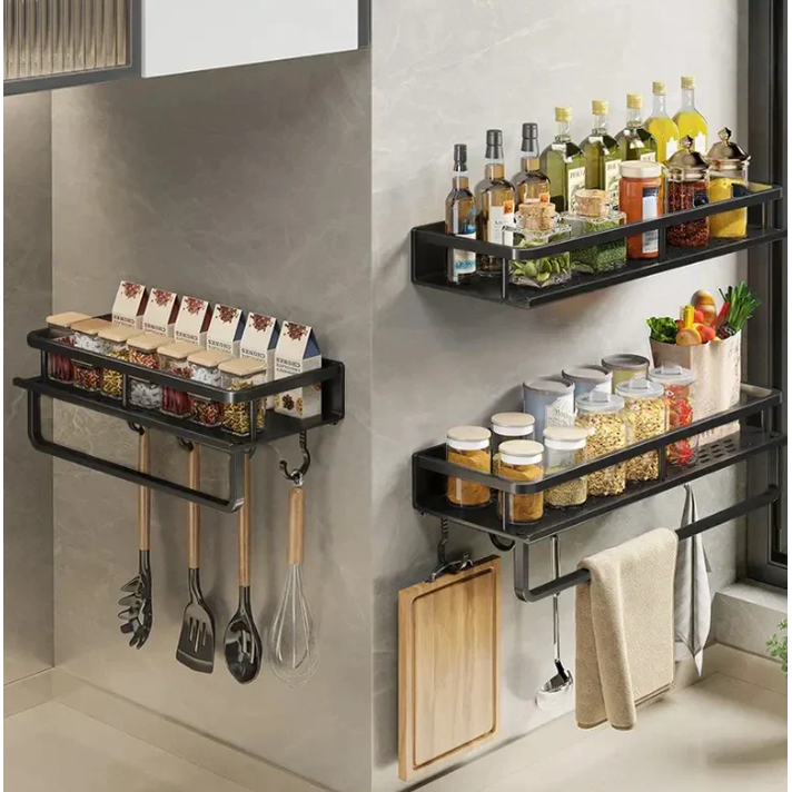 Black metal wall spice rack with towel bar