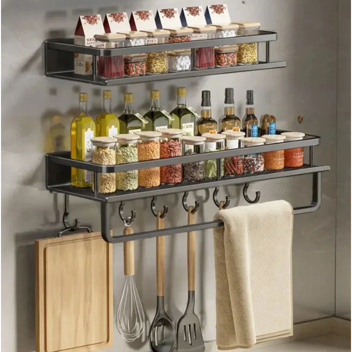 Black metal wall spice rack with towel bar