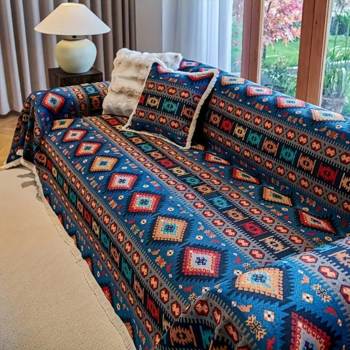 Blue boho jacquard sofa throw