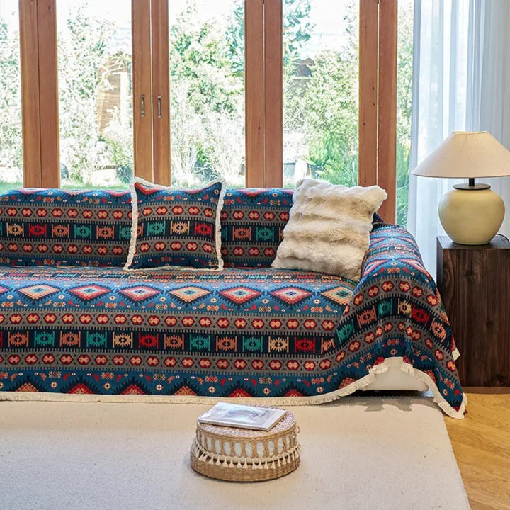 Blue boho jacquard sofa throw
