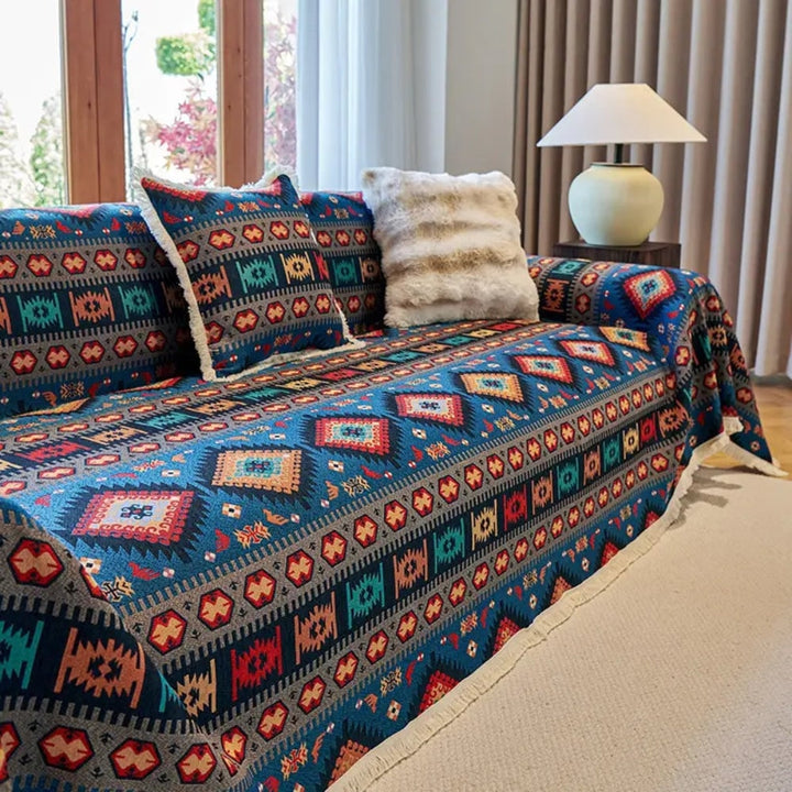 Blue boho jacquard sofa throw