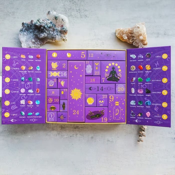 Crystal gemstone advent calendar in purple zodiac box