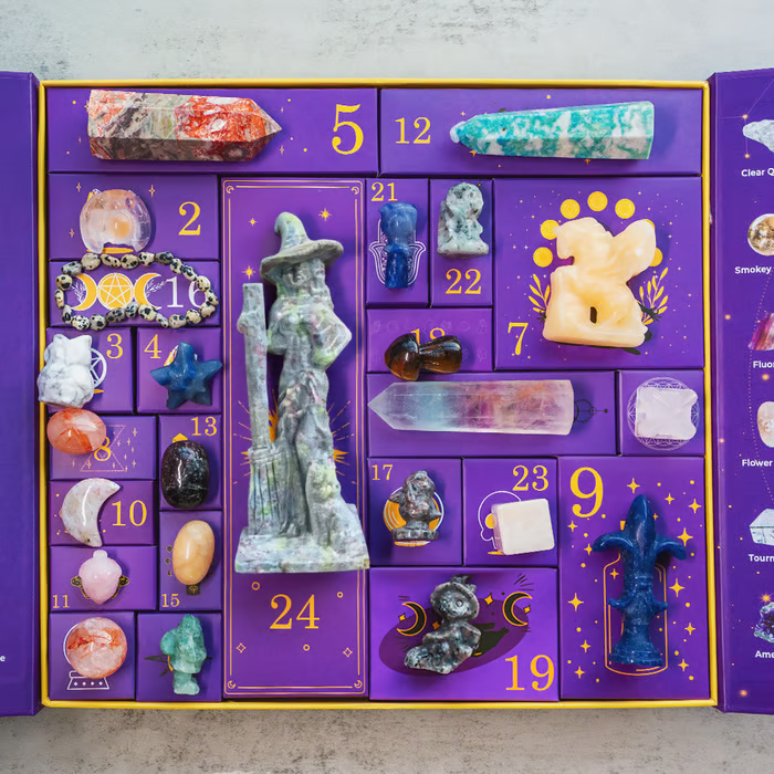 Crystal gemstone advent calendar in purple zodiac box