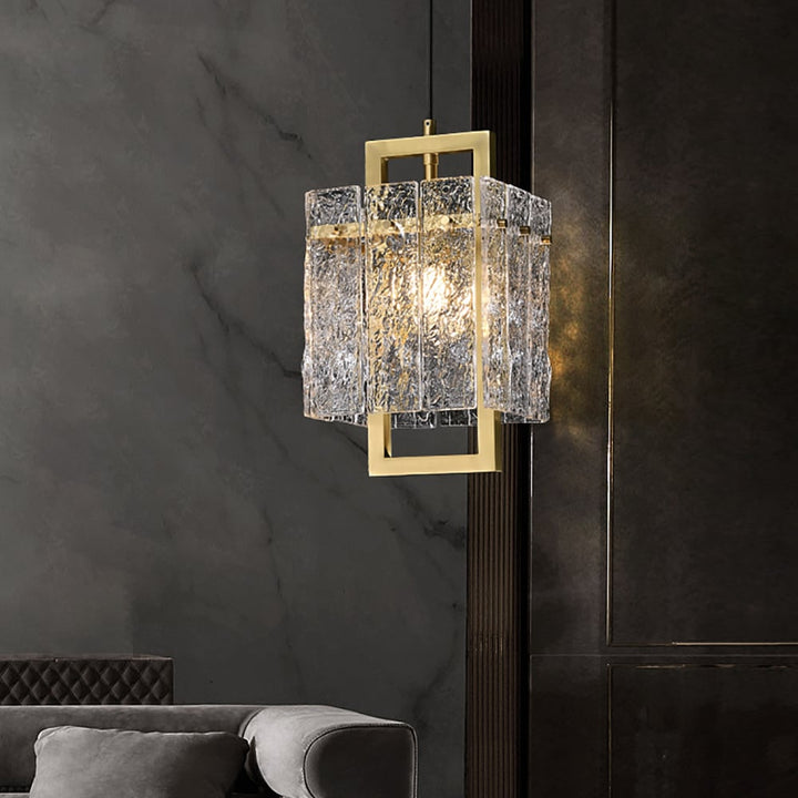 Brass Geometric Pendant Light with Water-Ripple Glass