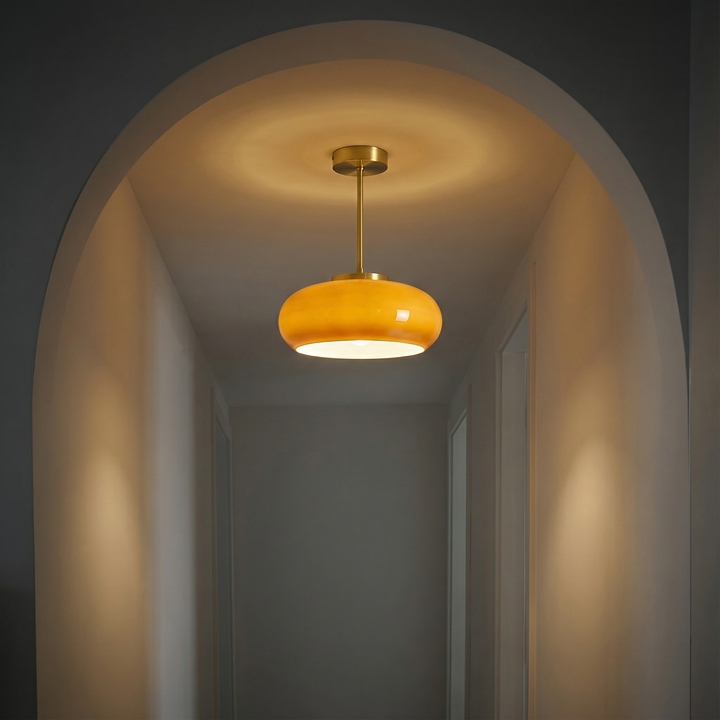 Vintage Amber Glass Flush Mount Ceiling Light With Brass Canopy