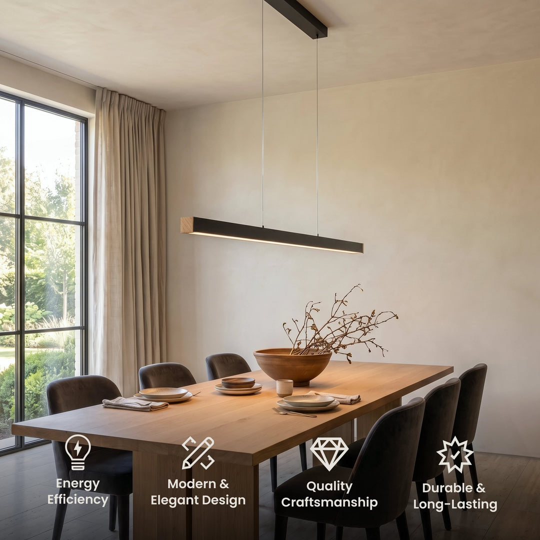 Linear LED Pendant Light | Black or Copper, Wood Detail