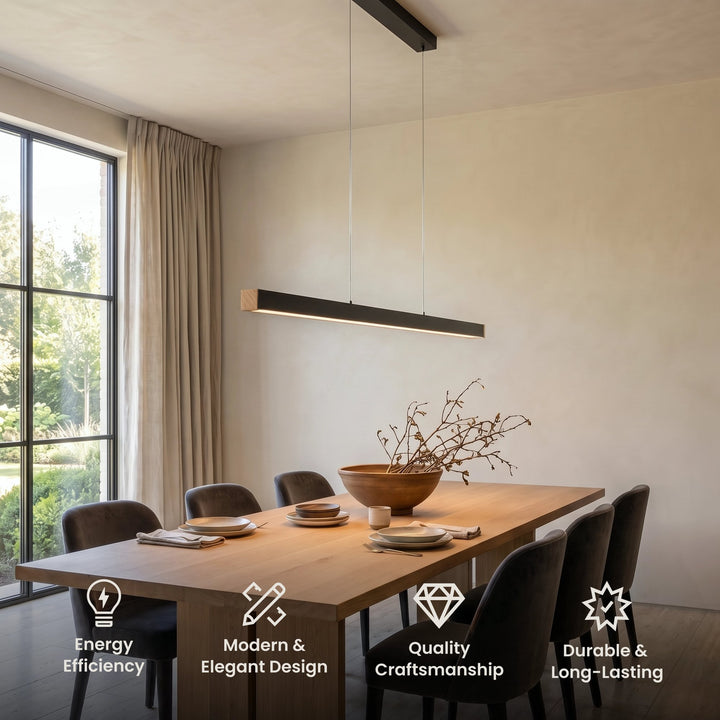 Linear LED Pendant Light | Black or Copper, Wood Detail
