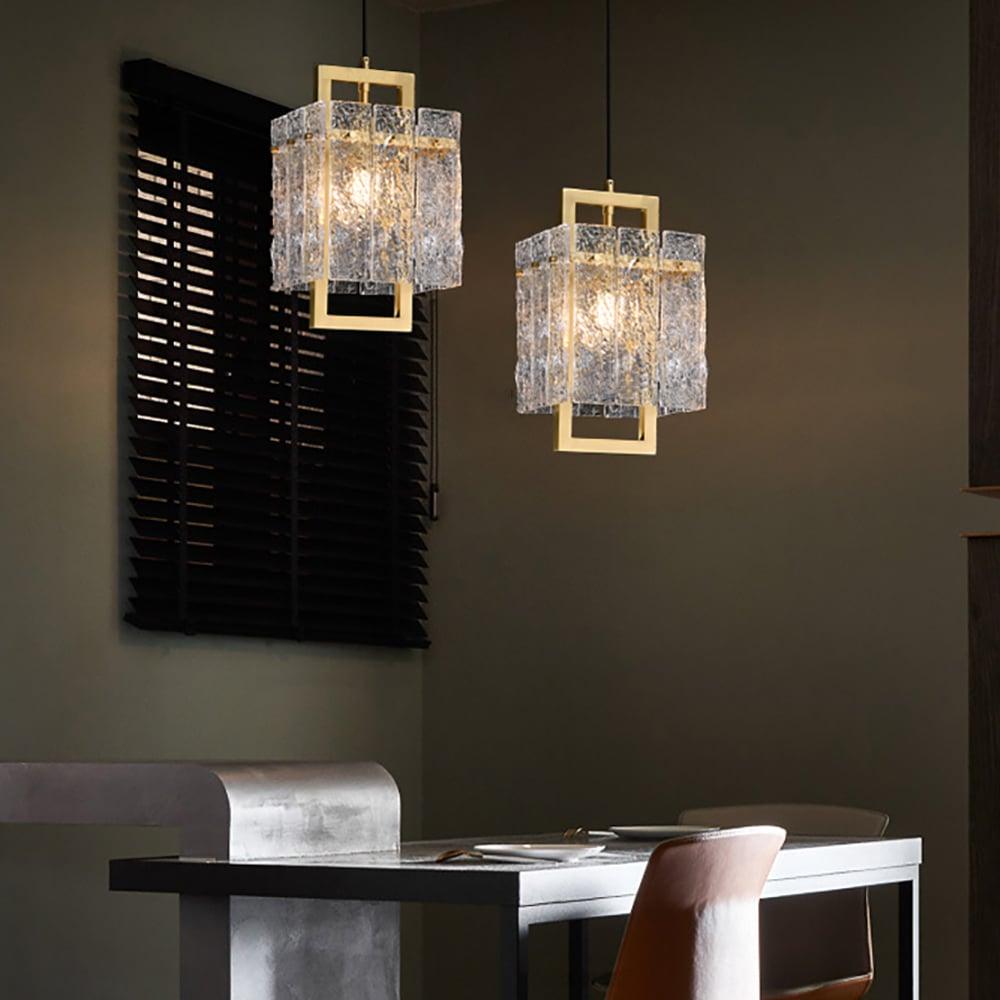 Brass Geometric Pendant Light with Water-Ripple Glass