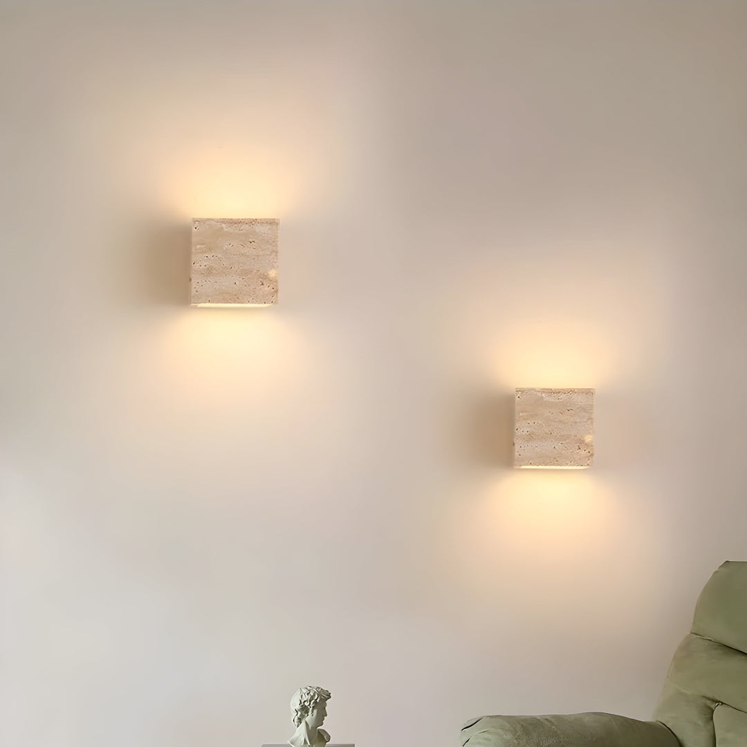 Travertine Cube Outdoor Wall Light | Natural Stone, Up and Down LED