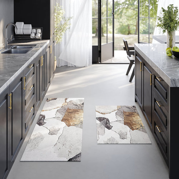 Gold Abstract Non-Slip Kitchen Runner Mats, Set of 2