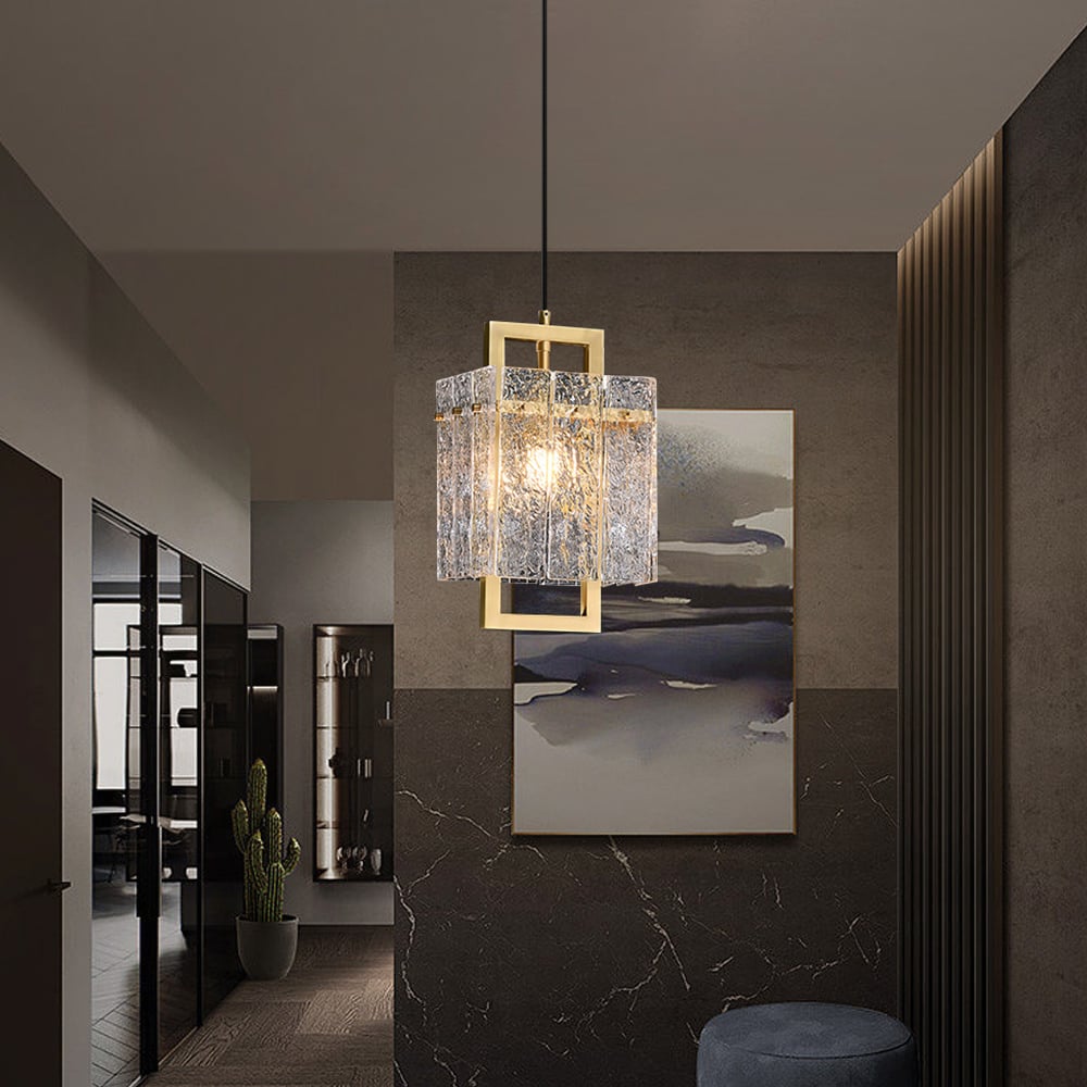 Brass Geometric Pendant Light with Water-Ripple Glass